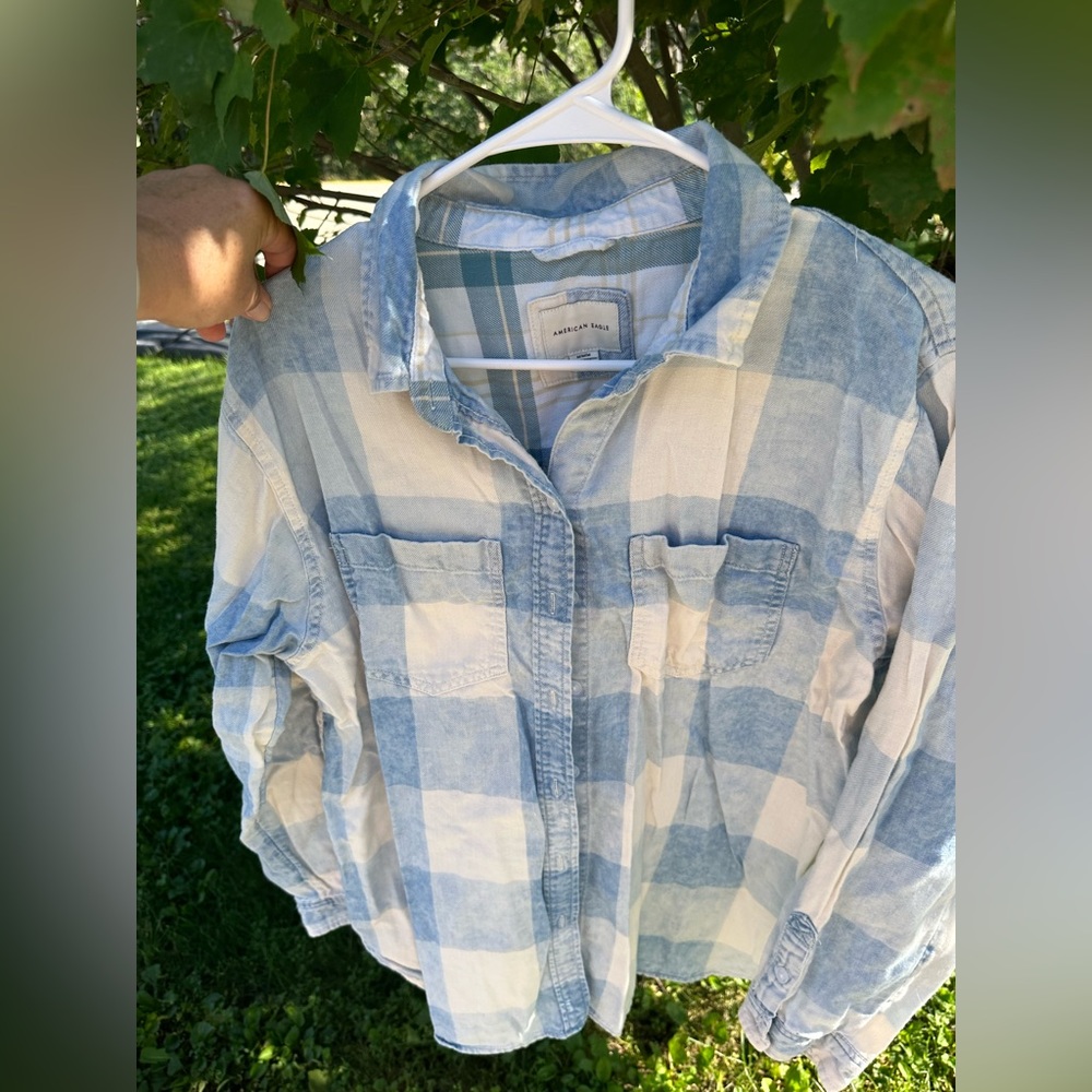 American eagle blue and white gingham plaid flannel